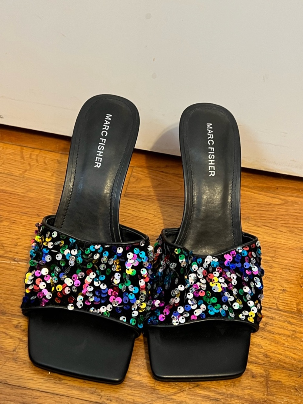 Marc Fisher Black Sequin Slide Mules - Multicolor Sequins